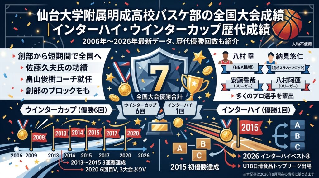 仙台大学附属明成高校バスケ部の全国大会成績｜インターハイ・ウインターカップ歴代成績