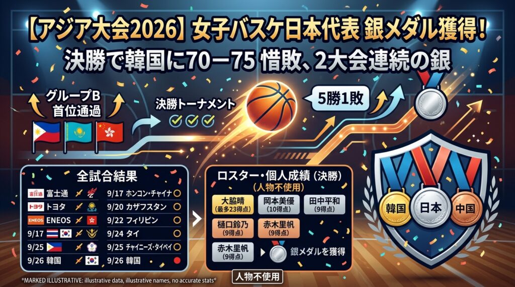 【アジア大会2026】女子バスケ日本代表の試合結果・日程・ロスター｜韓国に70－75で敗れ銀メダル
