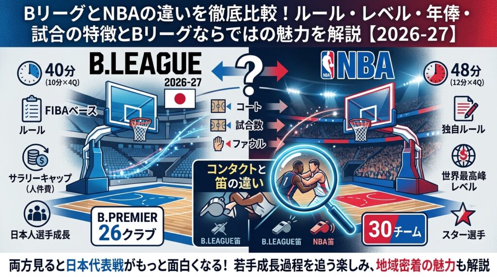BリーグとNBAの違いを徹底比較！ルール・レベル・年俸・試合の特徴とBリーグならではの魅力を解説【2026-27】