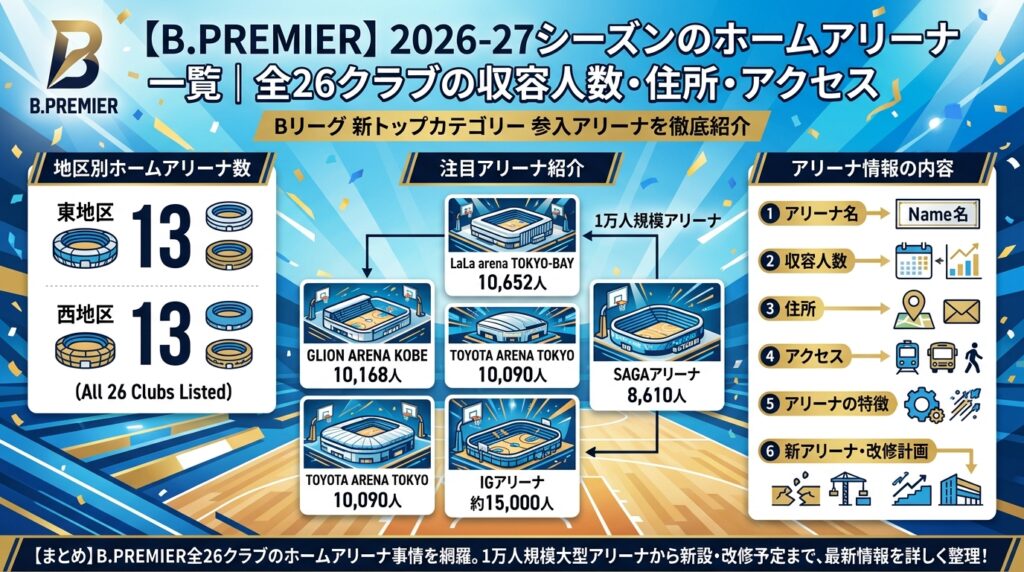【B.PREMIER】2026-27シーズンのホームアリーナ一覧｜全26クラブの収容人数・住所・アクセス