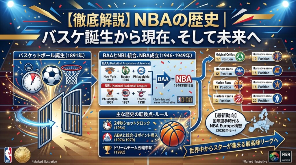 NBAとは？バスケットボール誕生から現在までの歴史を徹底解説！時代を築いた選手・チームと世界最高峰リーグの特徴