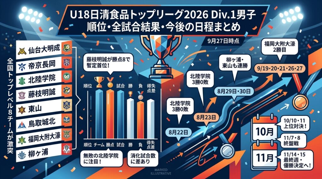 U18日清食品トップリーグ2026 Div.1男子｜最新順位・全試合結果・今後の日程まとめ【10月11日更新】