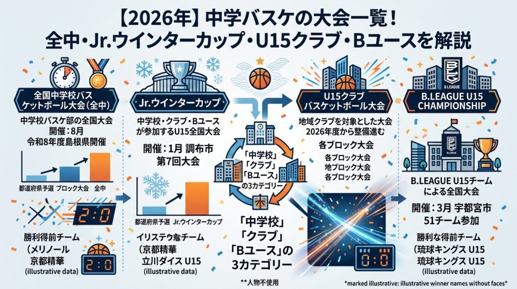 【2026年】中学バスケの大会一覧！全中・Jr.ウインターカップ・U15クラブ・Bユースを解説