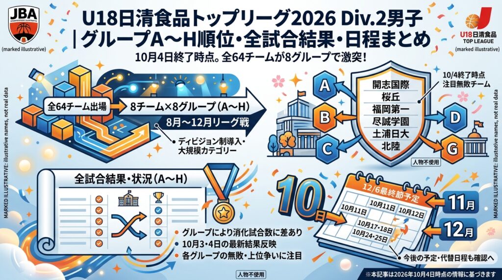 U18日清食品トップリーグ2026 Div.2男子｜全64チームの順位表・試合結果・今後の日程まとめ【10月12日更新】