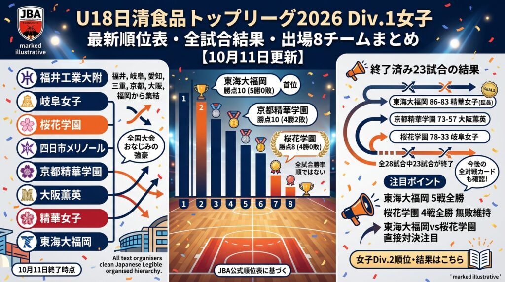 U18日清食品トップリーグ2026 Div.1女子｜最新順位表・全試合結果・出場8チームまとめ【10月11日更新】