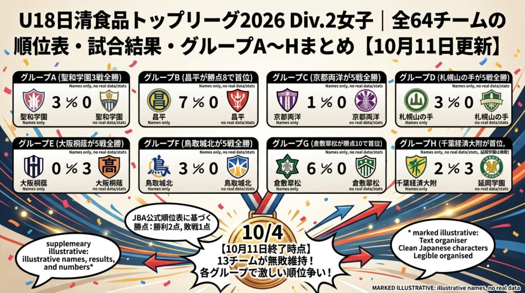 U18日清食品トップリーグ2026 Div.2女子｜グループA〜H順位表・全試合結果【10月12日資料版】